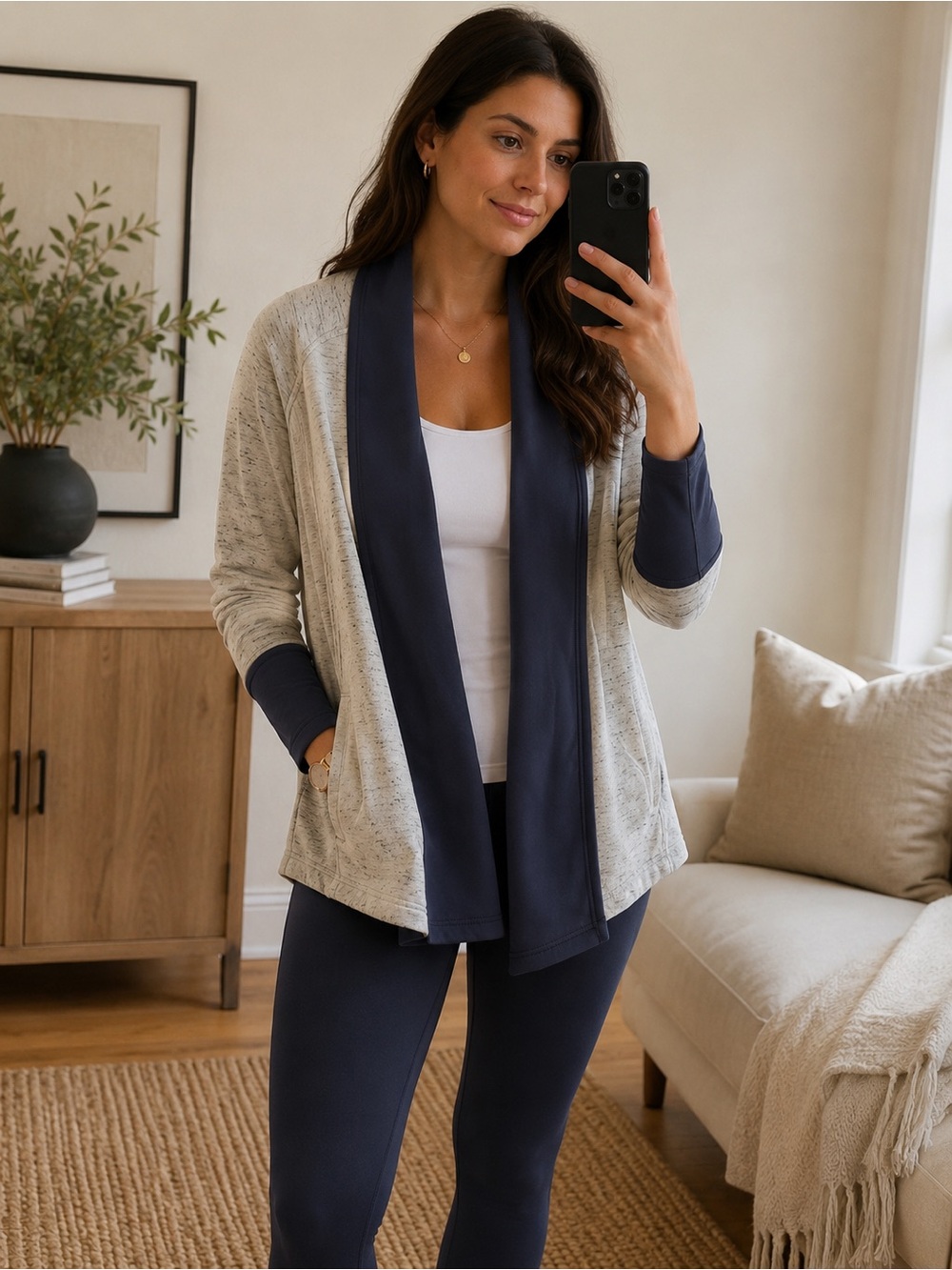 Adidas Women Medium Gray and Navy Open Front Loungewear Athleisure Cozy Sporty